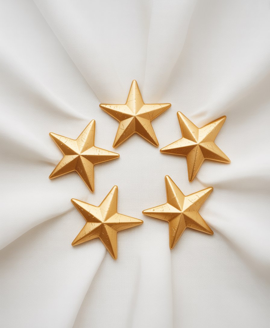 A photograph of five golden stars arranged in a circular pattern against a stark white background. Each star has sharply defined points and a subtle texture suggesting a slight roughness to their surface, with gentle highlights catching the light. The stars are evenly spaced, creating a sense of balance and symmetry, with soft shadows gently defining their shape. The background is perfectly smooth and seamless, enhancing the luminosity of the stars and creating a clean, minimalist aesthetic.